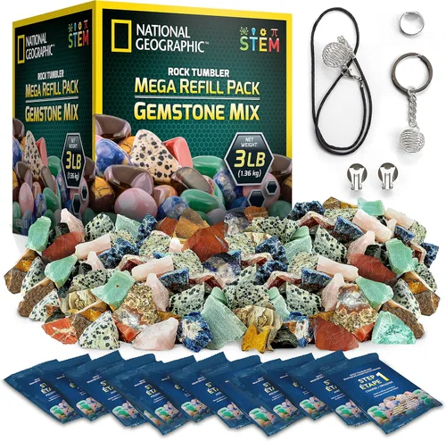Kit de recambio para pulidor de rocas National Geographic 3 libras de piedras preciosas y rocas en bruto para pulir, incluyendo amatista y cuarzo.