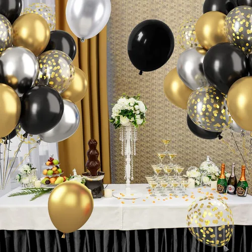 Miniatura 9 de Paready - Globos negros y dorados, 60 globos de 12 pulgadas de confeti dorado, globos de látex para fiestas con cintas para cumpleaños, graduación