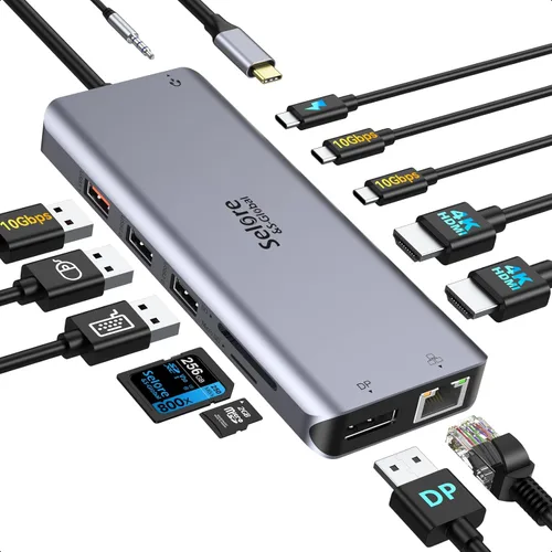 Miniatura 9 de Estación de acoplamiento USB C con adaptador de monitor dual HDMI, Selore USB C Hub para 3 monitores con dual HDMI, DisplayPort, VGA, carga PD