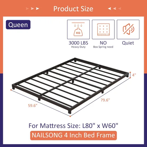 Miniatura 2 de Nailsong Base de cama Queen tamaño 4 pulgadas de perfil bajo, base de cama Queen no necesita somier, metal resistente, fácil montaje, negro