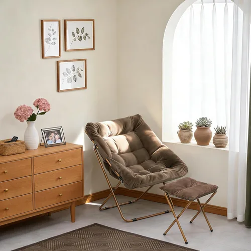 Miniatura 2 de Magshion Silla plegable de gran tamaño para adultos, silla de lectura con otomana, asiento circular esponjoso de piel sintética, cómoda silla