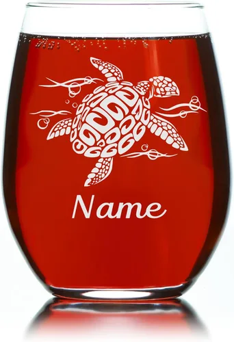 Miniatura 4 de C M Tortuga marina con nombre - Vaso de vino sin tallo personalizado de 17 oz. Regalo temático de tortuga marina personalizada para mujeres y hombres