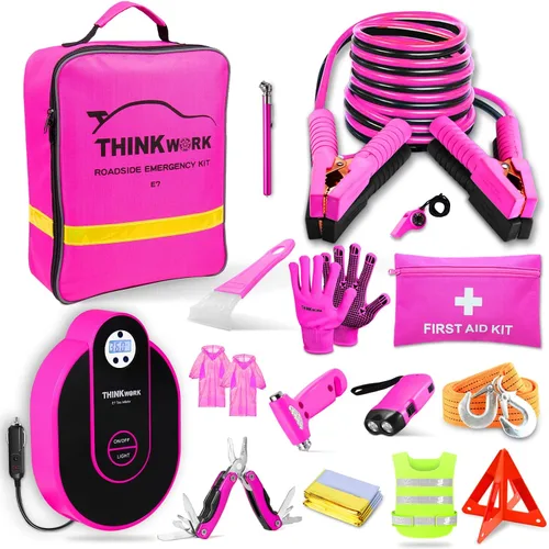 THINKWORK Kit de Emergencia para Automóvil para Regalos de Adolescentes y Damas, Kit de Asistencia en Carretera de Emergencia Rosa con Compresor de