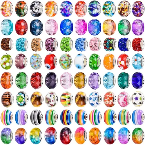 Miniatura 8 de AIPRIDY Cuentas Europeas Surtidas para Manualidades Cuentas Espaciadoras Lampwork de Agujero Grande Cuentas Europeas Coloridas para Hacer Collares