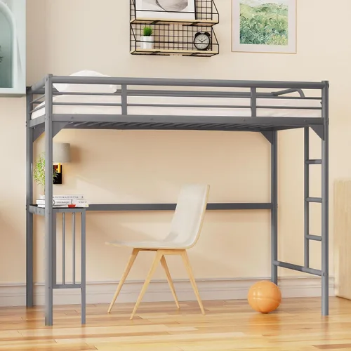 Miniatura 3 de Cama alta de tamaño individual, cama alta con escritorio y estantes de almacenamiento, cama alta de metal tamaño individual con escritorio,