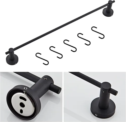 Miniatura 4 de Toallero de 21.6 pulgadas con 5 ganchos en forma de S, toallero de acero inoxidable negro para baño y baño, montado en la pared, para ollas