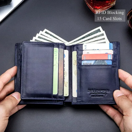 Miniatura 4 de BULLCAPTAIN Cartera plegable de cuero genuino de gran capacidadtitular de la tarjeta de crédito para los hombres con 15 ranuras para tarjetas