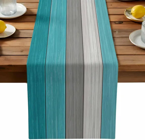 Miniatura 28 de Ocean Hues Farmhouse - Camino de mesa de lino y algodón, estilo retro, con textura de madera de granero rústica, degradado, azul, gris, Azul