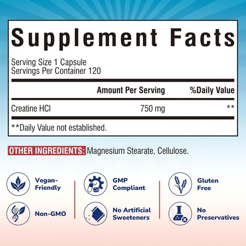 Miniatura 2 de Vitalibre Cápsula de creatina HCl, 750 mg de clorhidrato de creatina de alta absorción, resistencia, fuerza, absorción rápida, sin carga, sin