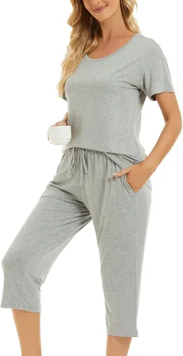Miniatura 3 de LOCUBE Conjunto de pijama para mujer, suave y cómodo, conjunto de pijama de manga corta y pantalones capri