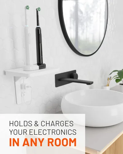 Miniatura 3 de ECHOGEAR Estante de salida (blanco/gris) – Diseño de última generación con almacenamiento de cable integrado y espacio para enchufes voluminosos