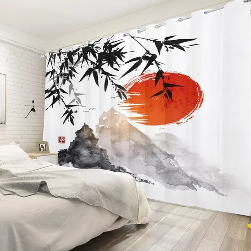 Miniatura 4 de Cortinas japonesas con pintura de tinta, monte Fuji, sol rojo, puesta de sol, hojas de bambú, cortinas de ventana para dormitorio, sala de estar