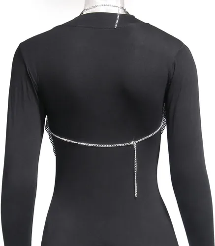 Miniatura 6 de RARITYUS Camiseta corta sexy con diamantes de imitación brillantes y sin espalda para mujer, cuello redondo, con cadena, camiseta sin mangas