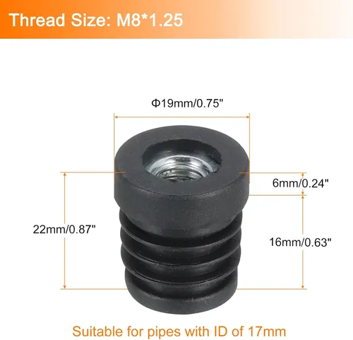 Miniatura 2 de Uxcell 4 piezas de insertos roscados M8 para tubo redondo de 0.748 in/0.75 pulgadas, insertos de plástico negro para tapas de extremos de silla
