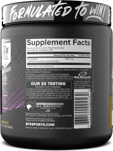 Miniatura 9 de EFX Sports Kre-Alkalyn EFX Powder Suplemento en polvo de monohidrato de creatina con pH correcto Fuerza, crecimiento muscular y rendimiento