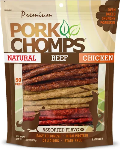 Pork Chomps Masticables para perros, 5 pulgadas, 50 unidades, sabores variados: cerdo asado, pollo y tocino, golosinas de larga duración para