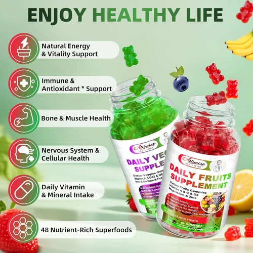 Miniatura 2 de Gomitas de frutas y verduras sin azúcar, súper verduras con 23 frutas y 25 verduras, minerales multivitamínicos y fibra, suplemento vegano de frutas