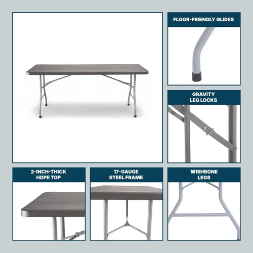 Miniatura 10 de OEF Furnishings OEFBT Series Mesa plegable rectangular de grado comercial, diseño de resina moldeada por soplado de alta resistencia con marco
