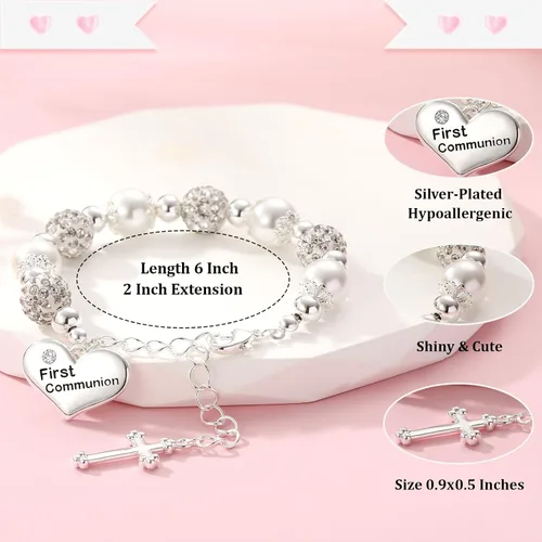 Miniatura 4 de Pulsera de cruz de bautismo de confirmación de la primera comunión para niñas, joyería católica, regalos para niños, hija, ahijada, nieta, 6+2