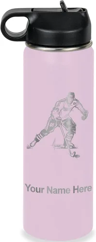 Miniatura 75 de LaserGram Botella de agua personalizada, jugador de hockey, acero inoxidable de doble pared aislada al vacío con popote superior, regalo grabado