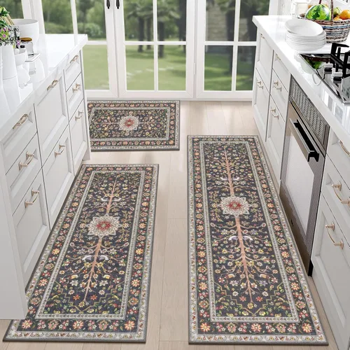 Miniatura 25 de HEBE - Juego de 3 alfombras de cocina de granja, antideslizantes, lavables, tapetes de cocina bohemios para suelo, alfombra de cocina, alfombra