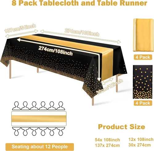 Miniatura 2 de 8 paquetes de manteles de plástico desechables y juego de camino de mesa de satén negro con dorado, mantel de satén dorado para graduación, boda