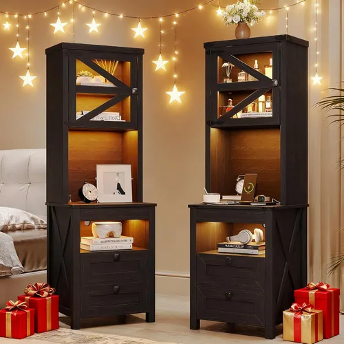 Miniatura 10 de HWB Mesita de noche alta con estación de carga y luces LED, mesita de noche de estilo granja con cajón para armas y estante ajustable, mesa de noche