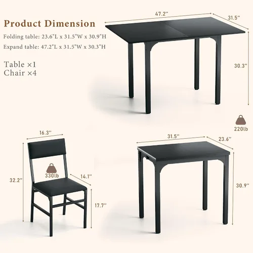 Miniatura 5 de HUAHUU Juego de mesa de comedor para 4, juego de mesa de cocina extensible con cojines y sillas, conjunto de 4, mesa de comedor rectangular