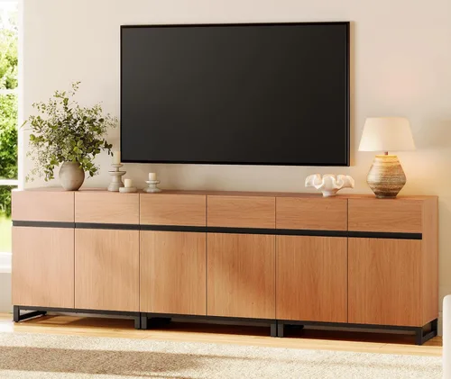 Miniatura 11 de Wampat Moderno soporte de TV para televisores de 100 pulgadas, consola central de entretenimiento 3 en 1 con estantes ajustables y base de metal