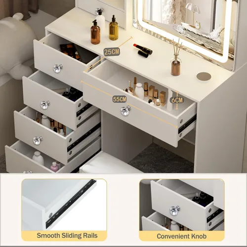 Miniatura 5 de Escritorio blanco cálido con espejo iluminado LED, mesa de tocador de maquillaje con armario izquierdo iluminado, 6 cajones y taburete, tocador