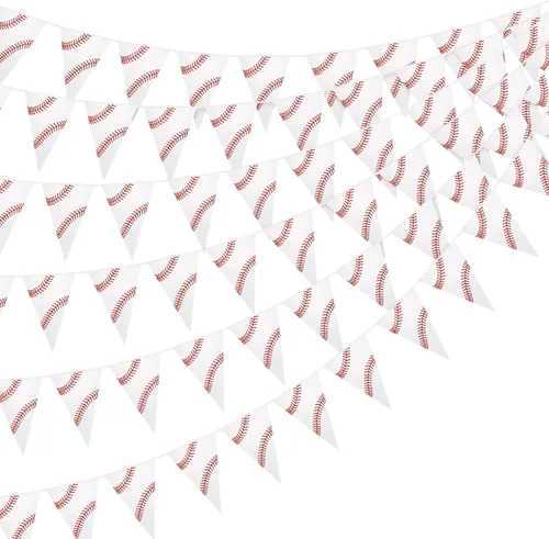 Paquete de 6 decoraciones de fiesta de béisbol de 55.2 pies, banderines de béisbol premontados, guirnalda de banderines de bandera triangular