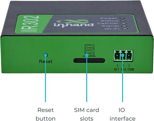 Miniatura 2 de InHand Networks IR302 Router industrial IoT LTE 4G VPN, LTE Cat 1+ Wi-Fi, ranuras para tarjetas SIM duales, gestión por plataforma en la nube