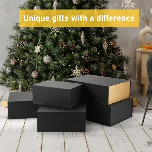 Miniatura 7 de Ditwis Caja de regalo de 12x9x4 pulgadas con tapa de cierre magnético, caja magnética negra y dorada para boda, propuesta de padrinos y damas