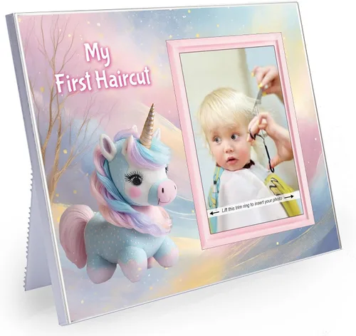 My First Haircut! - Marco de fotos para regalo de fotos de momentos memorables, unicornio de fantasía, tamaño de mesa, 8.25 x 7 pulgadas, fácil de