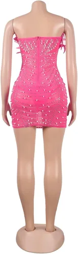 Miniatura 4 de Aro Lora Vestido sexy para mujer, sin tirantes, con plumas, con diamantes de imitación, de malla transparente