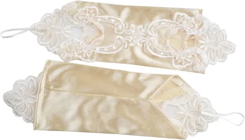 Miniatura 4 de JISEN Guantes de satén sin dedos de los años 20 para mujer, para banquete, fiesta, elegante, con encaje, bordados, para novia, 11 pulgadas
