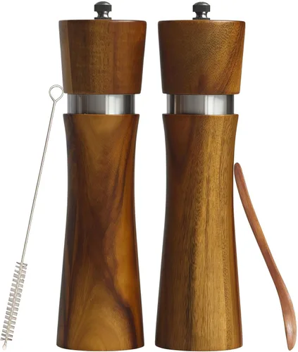2 Pieces Acacia Wood Manual Pepper Grinder and Sea Salt Mill Set Handheld Spice Tool for Kitchen(IronWaist-shaped)