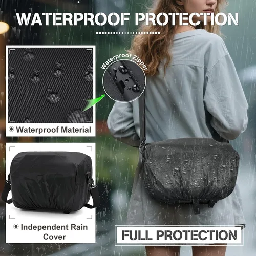 Miniatura 5 de RAINSMORE Bolsa para cámara, pequeña, de bandolera, para cámara DSLR/SLR/sin espejo, bolsa de hombro impermeable con soporte para trípode y cubierta