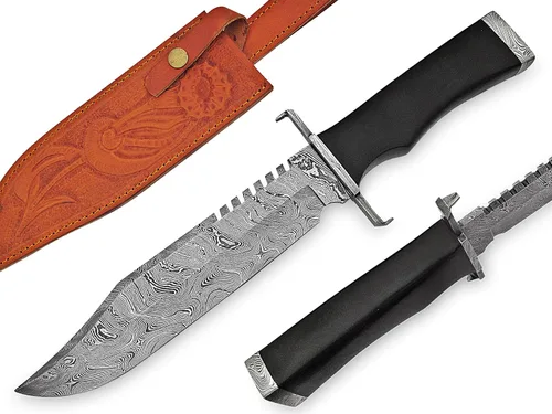 SFG - Cuchillo Bowie de caza de hoja fija de 14 pulgadas, hoja de acero de Damasco, mango de micarta negro antideslizante, caza, camping, mochilero,
