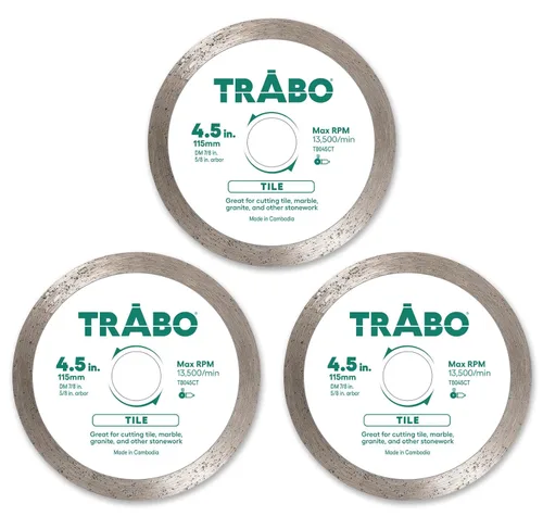 Trabo Paquete de 3 hojas de unión de metal de diamante de borde continuo de 4.5 pulgadas para cortar granito, cerámica, porcelana, cuarzo y más, 3