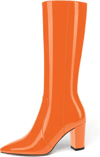 Miniatura 9 de AMBELIGHT Botas altas hasta la rodilla con cremallera y puntera puntiaguda para mujer, de patente sólida, tacón alto, 3.3 pulgadas