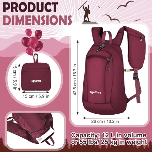 Miniatura 3 de Mochila plegable ultraligera y delgada de 12 litros, pequeña mochila de senderismo plegable, bolsa de viaje, resistente al agua para hombres y Rojo