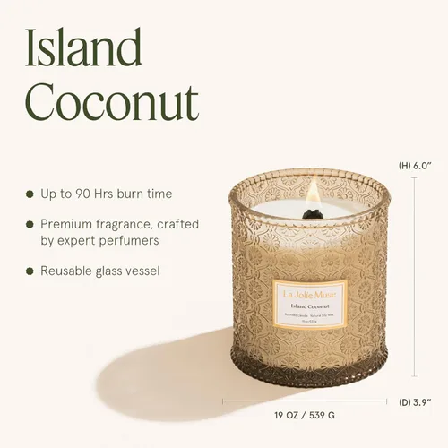 Miniatura 5 de LA JOLIE MUSE Vela de vainilla y coco – Coco, freesia y vainilla Vela de mecha de madera grande de 19 oz Cera de soja natural 90 horas de Isla