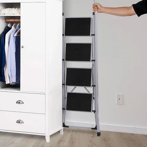 Miniatura 5 de JungleA Escalera de Tijera, Escalera Plegable de 4 Escalones para Adultos, con Pedal Antideslizante Ancho, Capacidad de Carga de 330 libras, Gris