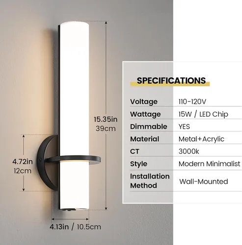 Miniatura 2 de AIJIASI Aplique de Pared - 15 pulgadas Modernas Lámparas de Baño Negras para Pared Apliques de Pared Juego de Dos Apliques LED Regulables