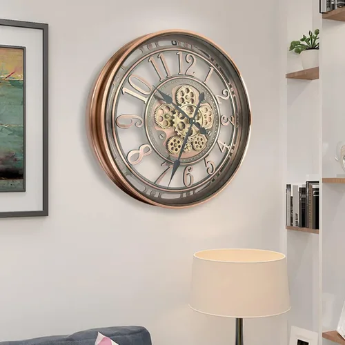 Miniatura 6 de Real Moving Gears - Reloj de pared grande y moderno de metal con engranajes móviles reales para decoración de sala de estar, estilo industrial Cobre