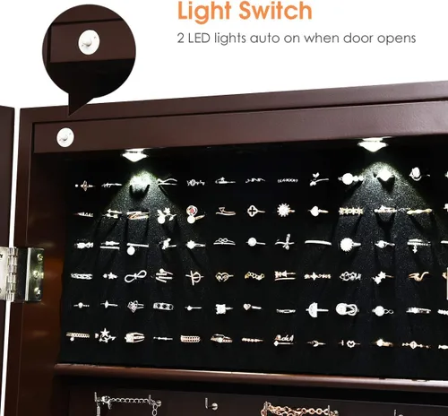 Miniatura 4 de Giantex Organizador de joyas montado en la paredpuerta con 2 luces LED, armario de joyería de altura ajustable con cerradura con espejo de longitud