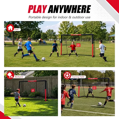 Miniatura 7 de Portería de fútbol para patio trasero, 6x4/8x5/10x6.5/12x6.5 pies de metal, porteria de fútbol para niños de 8-12 años, red de fútbol con diseño