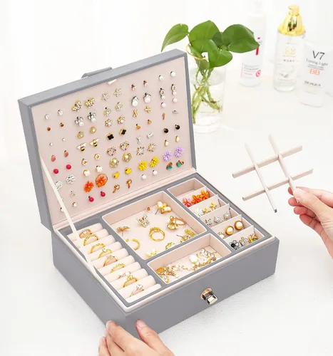 Miniatura 5 de QBestry Organizador de aretes de tuerca para mujeres y niñas caja de joyería gris para aretes collar organizador de joyas caja de aretes para mujer