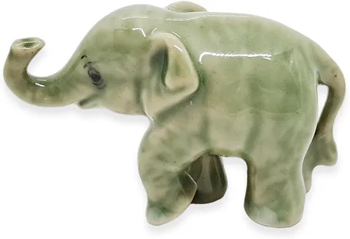 Miniatura 7 de ChangThai Design Pequeña figura de elefante gris claro de 1 pulgada para elevar el tronco – Miniatura hecha a mano de cerámica pintada a mano